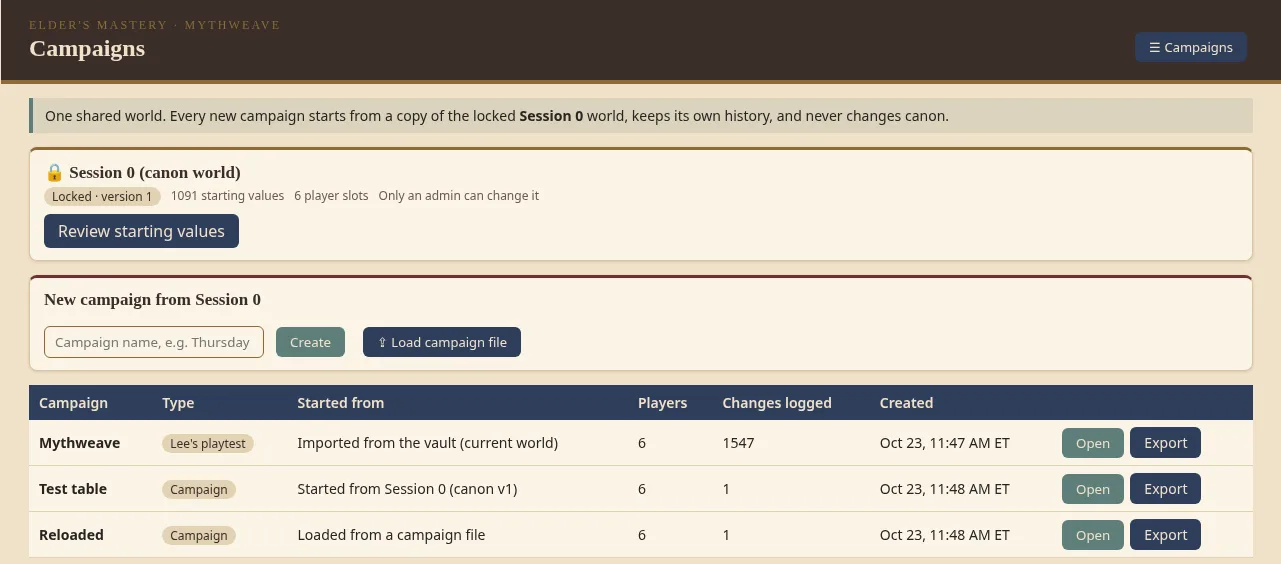 Campaign list with the locked Session 0 world